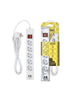 Фильтр сетевой 5х3м с/з со шторками ПВС 3 IP075 2USB 2200Вт 10А бел. Duwi 32592 5