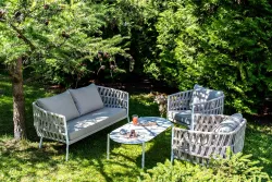 "Диего" лаунж-зона 4-местная плетеная из роупа (веревки), каркас алюминиевый белый, роуп бежевый