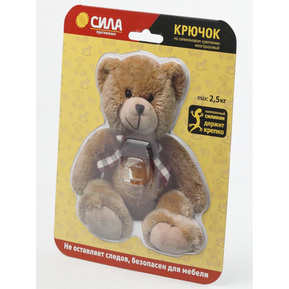 Крючок СИЛА SHT12-S1C-12 на силиконовом креплении Мишка Teddy 12х14.5 см нагрузка до 2,5 кг | Сила