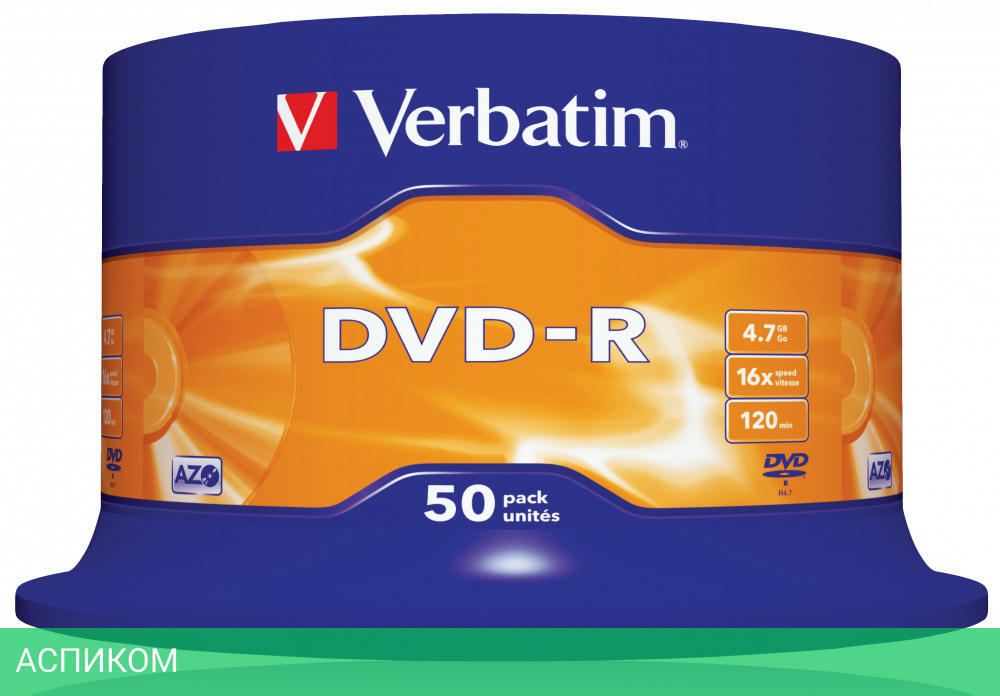 DVD-R диск Verbatim 4.7GB 16x Cake Box (43548)