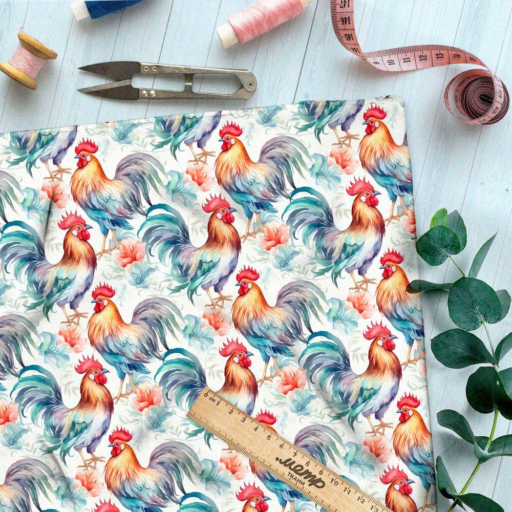 Ткань премиум атлас толпа петухов