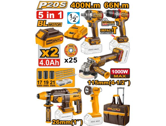 Набор Б/Щ "20V MAX" INGCO 5 в 1 СУМКА на КОЛЕСАХ (Шур 66Нм+Гайк 400Нм+УШМ115/125мм+Перф 26мм+Фонарь)