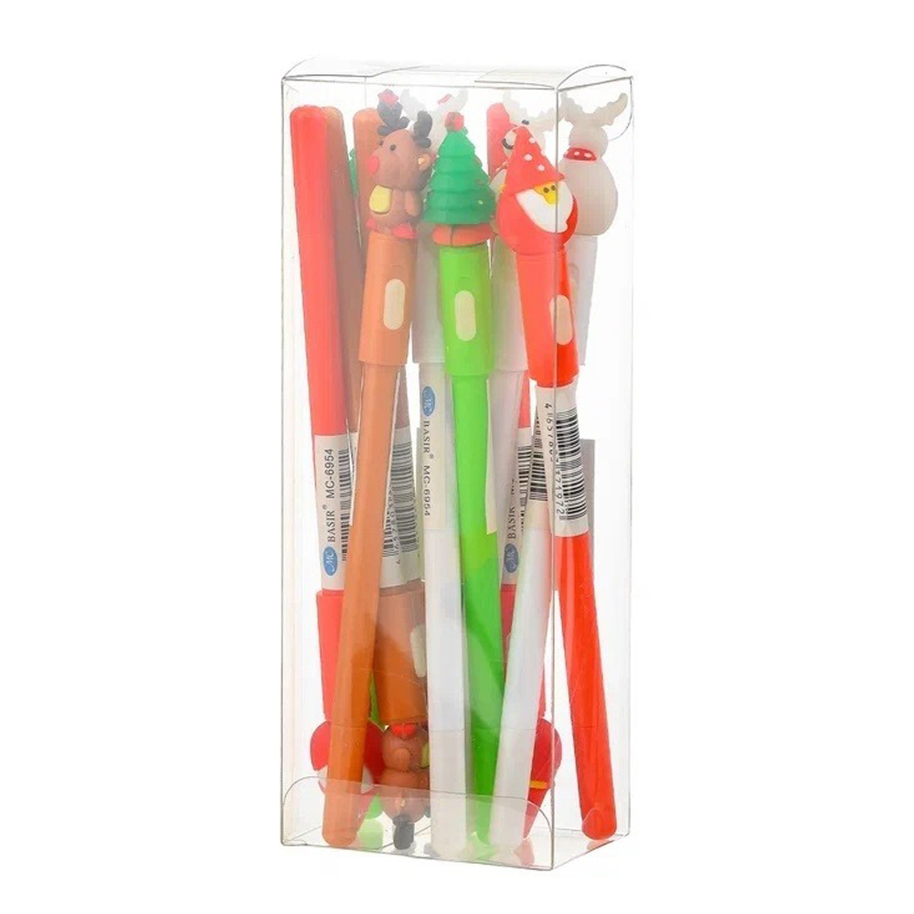 Ручка шариковая, Basir, синие чернила, с фигурным колпачком, серия "НОВОГОДНИЕ", разноцветный корпус, 12 шт