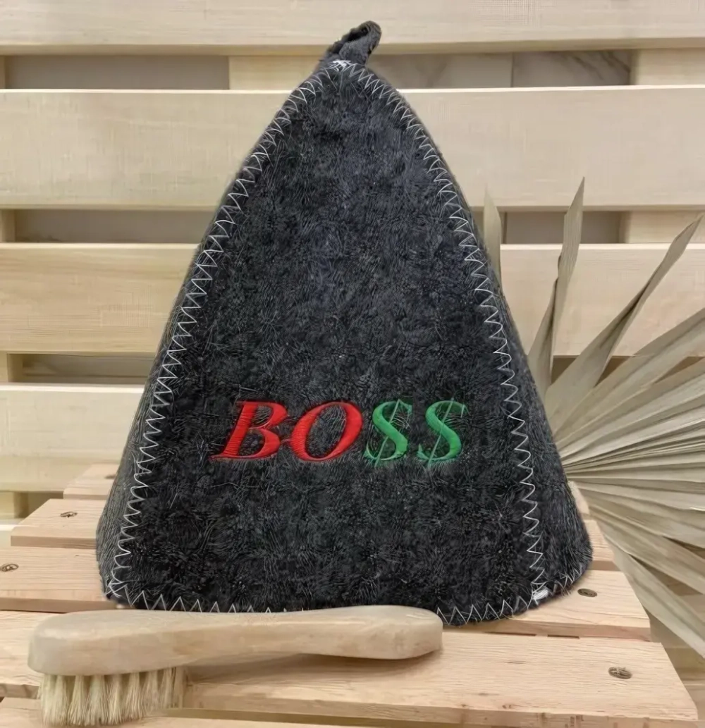 Шапка банная классическая с вышивкой «BOSS», цвет серый, (без упаковки)