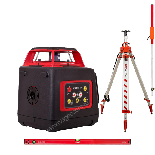 Комплект: ротационный нивелир RGK SP-400 + штатив RGK SH-300, рейка RGK LR-2, уровень RGK U6100