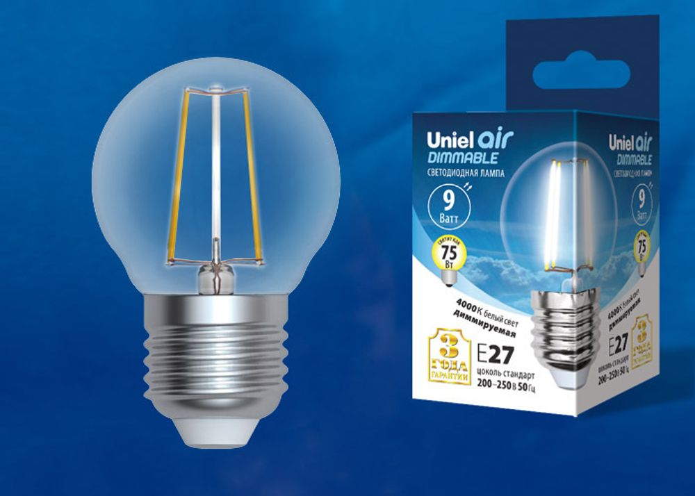 LED-G45-9W/4000K/E27/CL/DIM GLA01TR Лампа светодиодная диммируемая. Форма шар, прозрачная. Серия Air. Белый свет (4000K). Картон. ТМ Uniel.