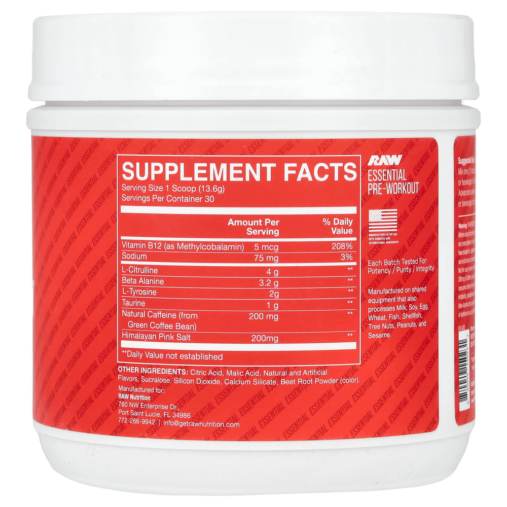 Raw Nutrition, Bum, Essential Pre-Workout, предтренировочный комплекс, фруктовый вкус, 408 г (14,39 унции)