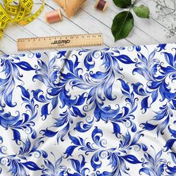 Ткань муслин изящные узоры росписью гжель