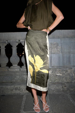 ZARA ЮБКА МИДИ С ПРИНТОМ И ЖАТЫМ ЭФФЕКТОМ, ЗЕЛЕНЫЙ/ЭКРЮ