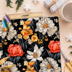 Ткань премиум сатин яркие цветочные акценты на черном