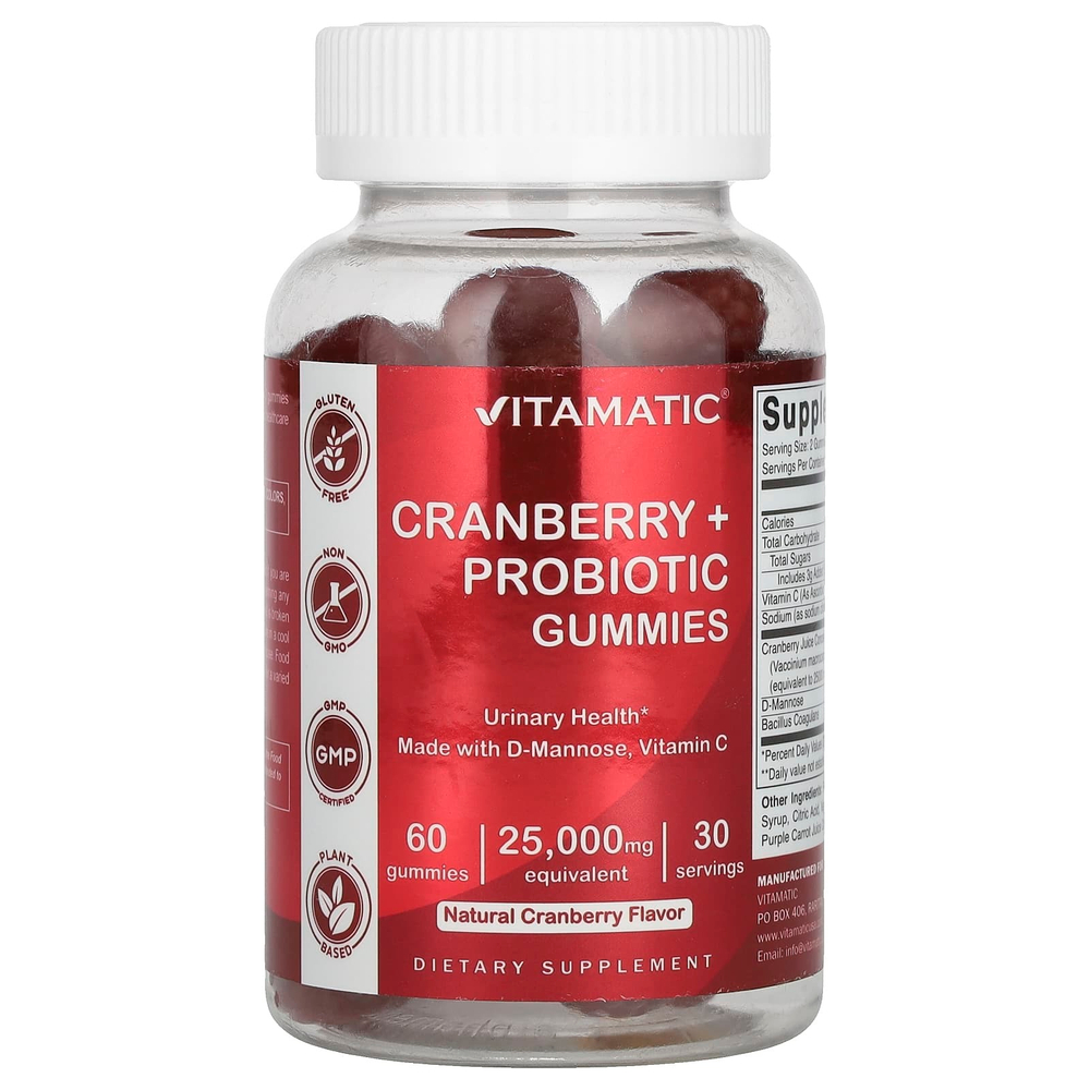 Vitamatic, жевательные таблетки с клюквой и пробиотиком, со вкусом натуральной клюквы, 60 жевательных таблеток