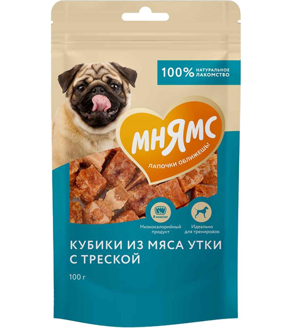 Мнямс Лакомство для собак Кубики из мяса утки с треской 100гр.