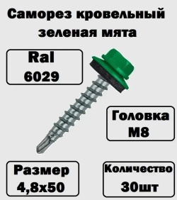 Саморез кровельный RAL6029 4,8х50 4,8х51 зеленая мята 30 штук