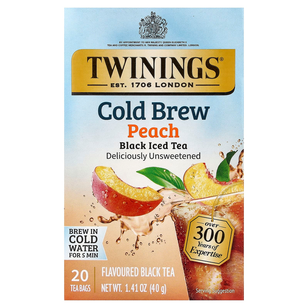 Twinings, холодный холодный чай, черный чай, персик, несладкий, 20 чайных пакетиков, 40 г (1,41 унции)