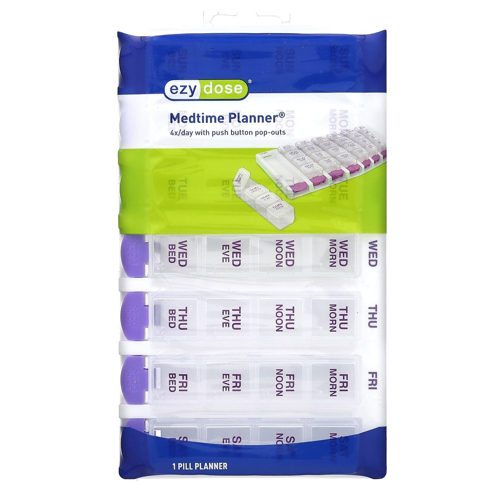 Ezy Dose, 4 раза в день еженедельно со всплывающими кнопками Medtime Planner, фиолетовый, 1 шт.