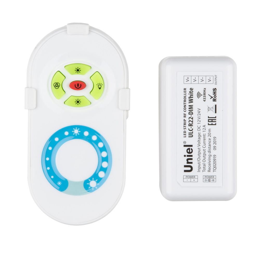 ULC-R22-DIM White Контроллер для управления яркостью одноцветных светодиодных источников света с пультом с ДУ. Цвет пульта белый. Упаковка — блистер.