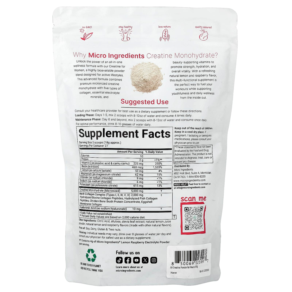 Micro Ingredients, моногидрат креатина для женщин, лимон и малина, 500 г (1,1 фунта)