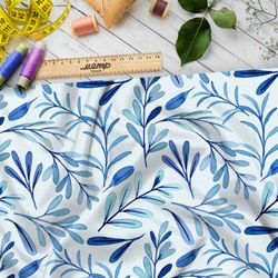 Ткань оксфорд 210 тонкие акварельные листья на белом фоне