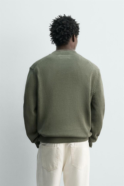 ZARA ХЛОПКОВЫЙ СВИТЕР КЛАССИЧЕСКОГО КРОЯ, ЗЕЛЕНЫЙ/СЕРЫЙ