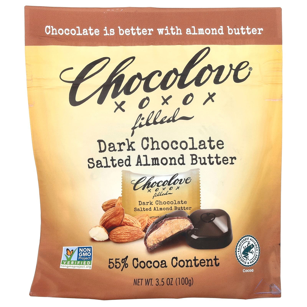 Chocolove, Bites, сливочное масло из темного шоколада и соленого миндаля, 55% какао, 100 г (3,5 унции)
