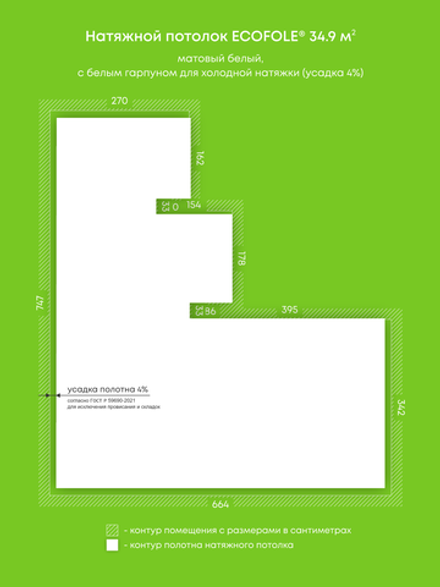Натяжные потолки 34.9 м2, 11.6 м2, 5.4 м2, 11.7 м2