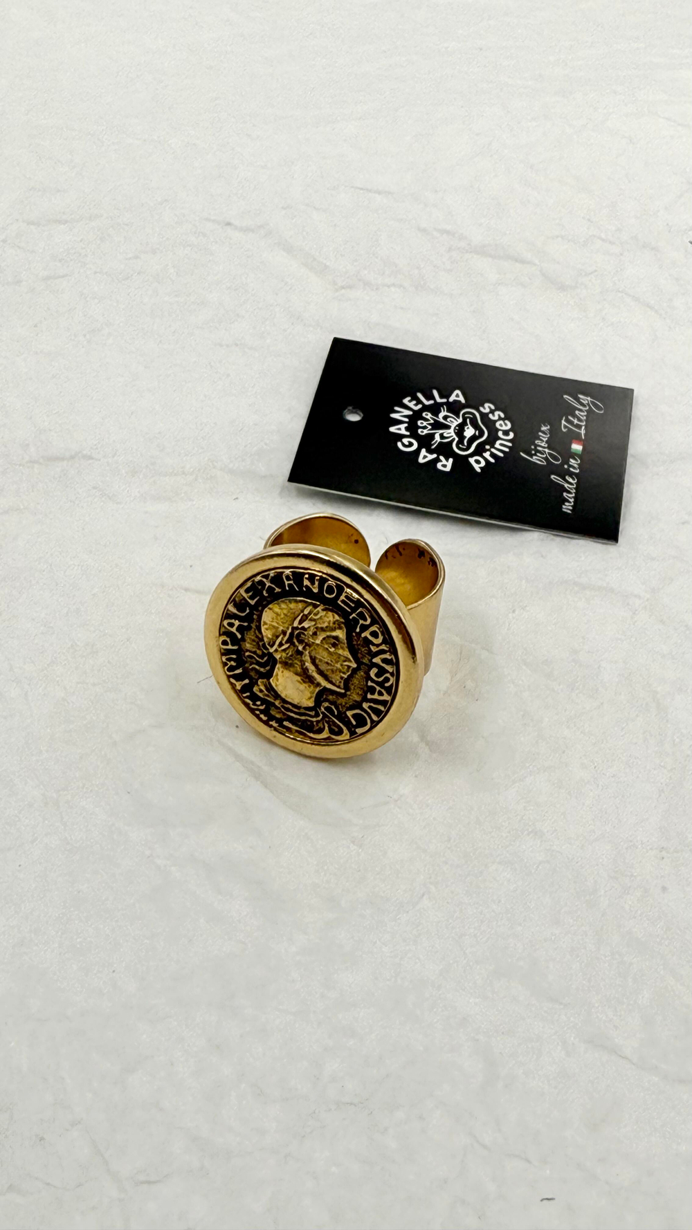 Кольцо монета с профилем римс.импер. Марка Авр. Севе́р Алекса́ндра,оттенок золото