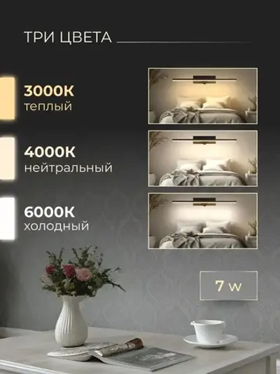 Светильник настенный светодиодный с выключателем на корпусе, 30 см, бра лампа на стену чёрная 7 ВТ, три цвета 3000-6000К