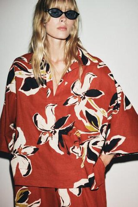 ZARA РУБАШКА С ЦВЕТОЧНЫМ ПРИНТОМ И ЛЬНОМ, РАЗНОЦВЕТНЫЙ