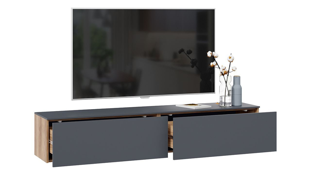 Тумба под телевизор подвесная Яблоня Беллуно/Графит софт 180х37х33 см