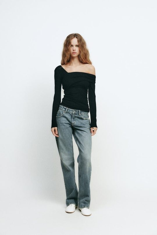 ZARA ТОП С АСИММЕТРИЧНОЙ ГОРЛОВИНОЙ, ЧЕРНЫЙ