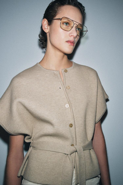 ZARA КАРДИГАН С КОРОТКИМИ РУКАВАМИ И ПОЯСОМ, СЕРО-КОРИЧНЕВЫЙ