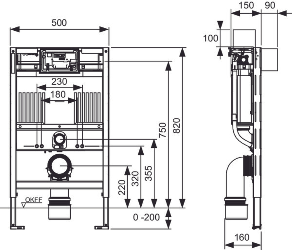 Застенный модуль (h = 820 мм) для установки подвесного унитаза, 9300380
