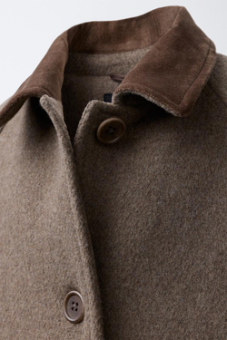 ZARA ПАЛЬТО ИЗ КОНТРАСТНОГО ВЕЛЬВЕТА С ШЕРСТЬЮ, СЕРОВАТО-КОРИЧНЕВЫЙ