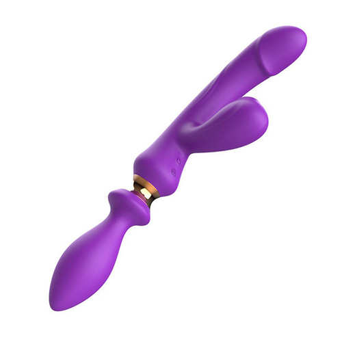 Фиолетовый двусторонний вибромассажер с клиторальным отростком 30см I-Moon MY-229