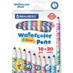 Фломастеры двусторонние утолщенные BRAUBERG "PREMIUM" "BI-COLOR" 10 шт. 20 цветов двухцветные вентилируемый колпачок (3 штуки в упаковке)