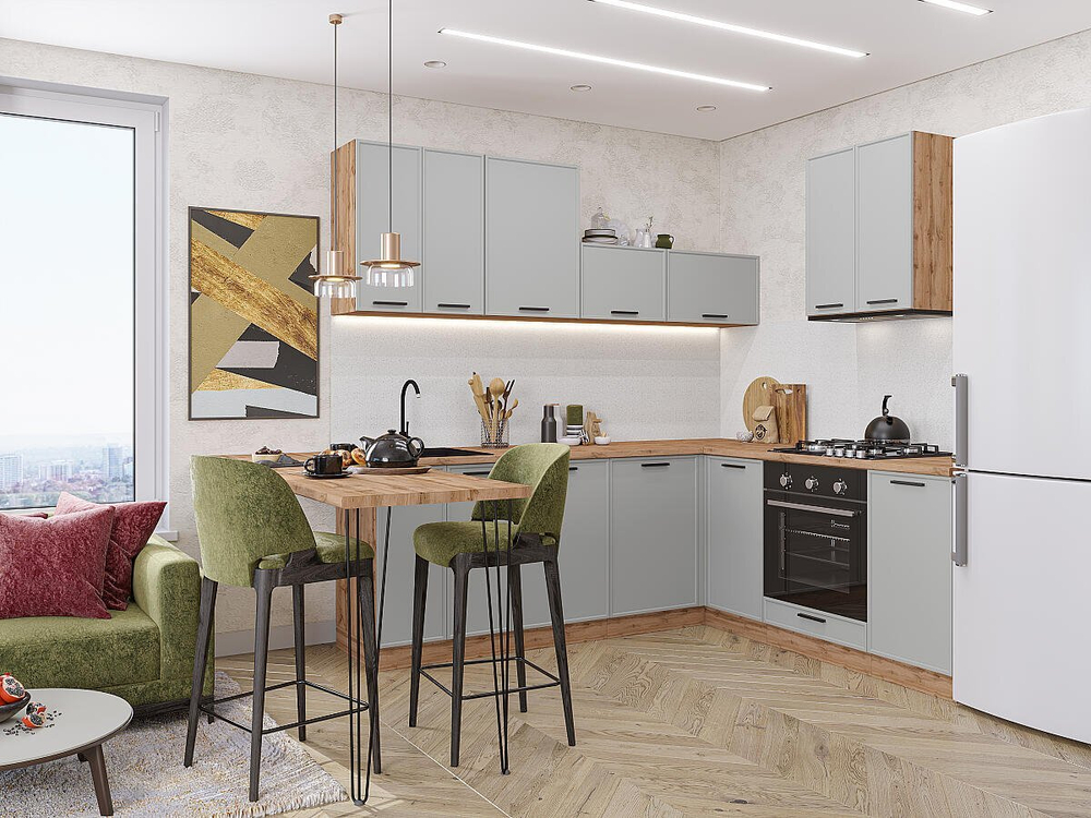 Угловая модульная кухня Фрейм-03 Grey Silk - Дуб Вотан 2140*2200/2000*600