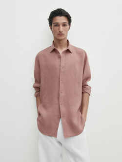 Massimo Dutti Рубашка классического кроя из 100% льна, малиновый