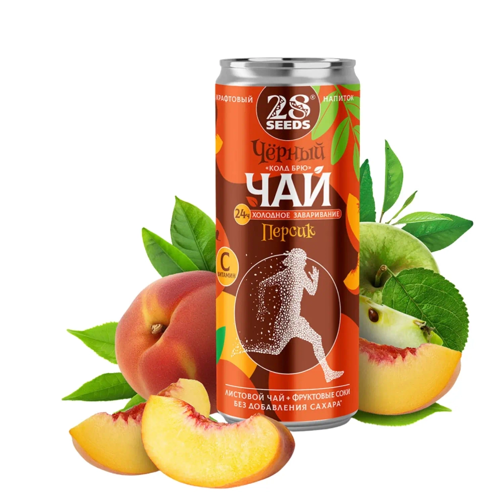 Черный чай «Колд брю» Персик 28SEEDS в банке на фоне ломтиков персика