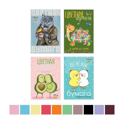 Бумага цветная А4 10л. 10цв. в папке "Мультики" 4 вида (Альт)