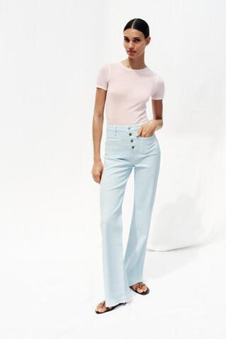 ZARA ДЖИНСЫ Z1975 FLARED С ВЫСОКОЙ ПОСАДКОЙ И ПУГОВИЦАМИ, ПАСТЕЛЬНО-СИНИЙ
