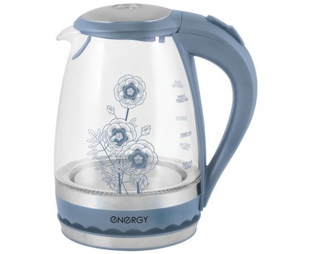 Чайник электр. Energy E-279 Синие цветы (диск, 1,5л) 2,2кВт, стекло, пластик, подсветка
