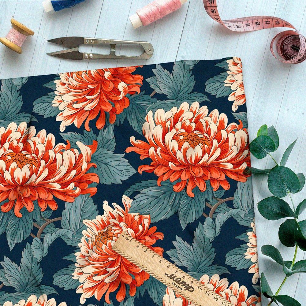 Ткань премиум Оксфорд 600D хризантемы на сероголубых листьях