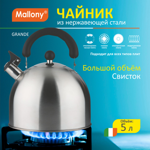 Чайник GRANDE, объем 5 л, из нерж стали со свистком, с бакелитовой ручкой, матовый Mallony