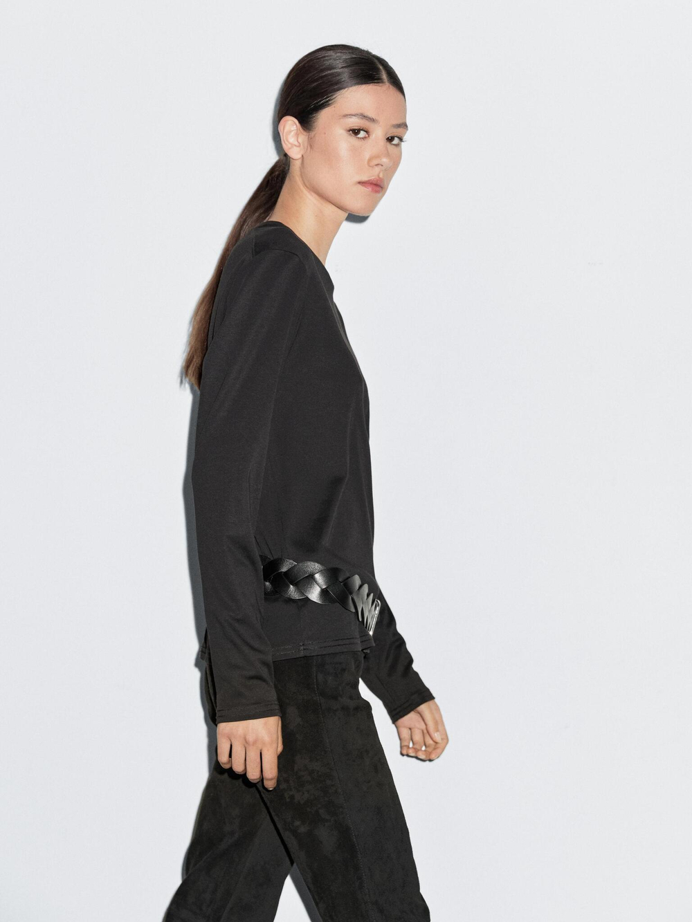 Massimo Dutti Футболка из 100% хлопка с длинным рукавом, черный