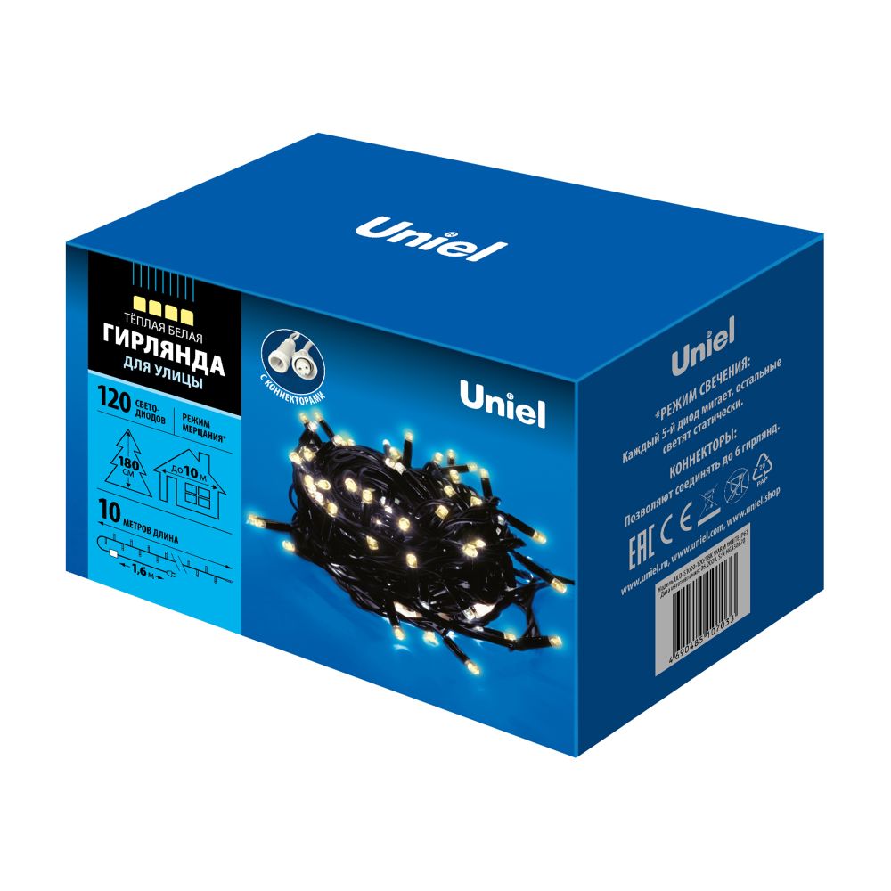 ULD-S1000-120/TBK WARM WHITE IP67 Гирлянда светодиодная с эффектом мерцания, 10м. Соединяемая. 120 светодиодов. Теплый белый свет. Провод черный. TM U