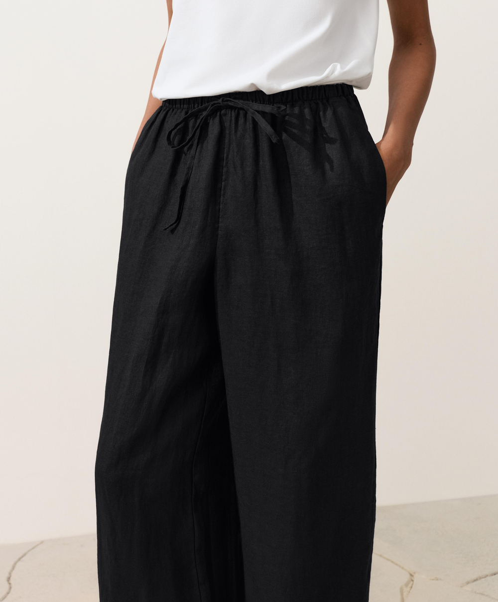 OYSHO Прямые брюки из 100% льна с декоративной строчкой, черный