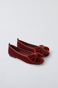 ZARA БАРХАТНЫЕ БАЛЕТКИ С БОЛЬШИМ БАНТОМ, ГРАНАТОВЫЙ