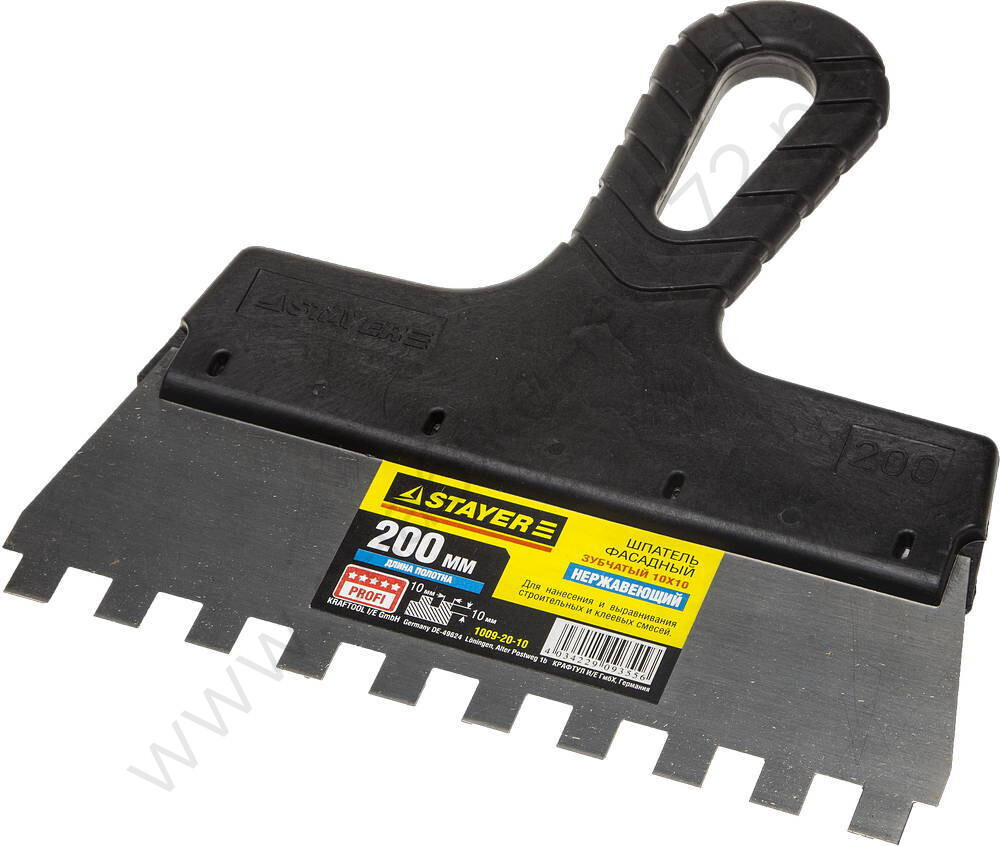 STAYER ProFLat 200 мм, зуб 10х10 мм, пластиковая ручка, зубчатый, нержавеющий, Фасадный шпатель, PROFESSIONAL (1009-20-10)