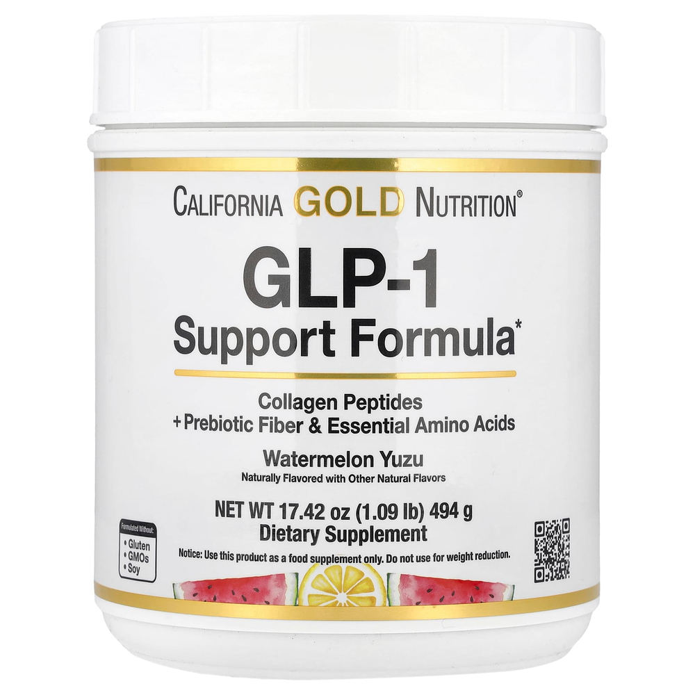 California Gold Nutrition, добавка для поддержания уровня ГПП-1 с пептидами коллагена, пребиотической клетчаткой и незаменимыми аминокислотами, со вкусом арбуза и юдзу, 494 г (1,09 фунта)