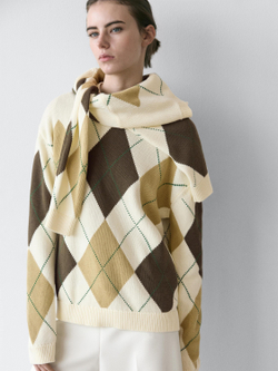 Massimo Dutti Хлопковый вязаный свитер с узором ромбы, натуральный/кремовый